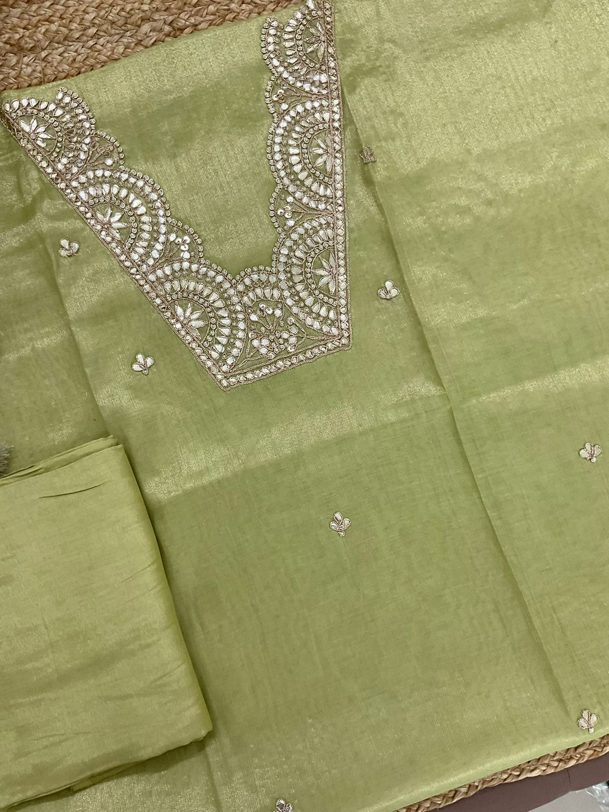 Pure Tissue Chanderi Embroidered Suit - Green