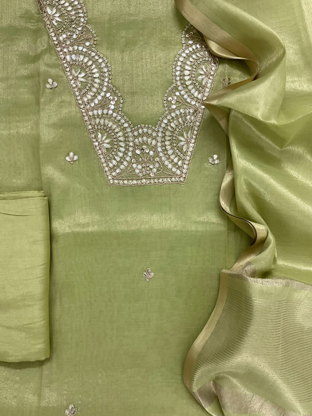 Pure Tissue Chanderi Embroidered Suit - Green