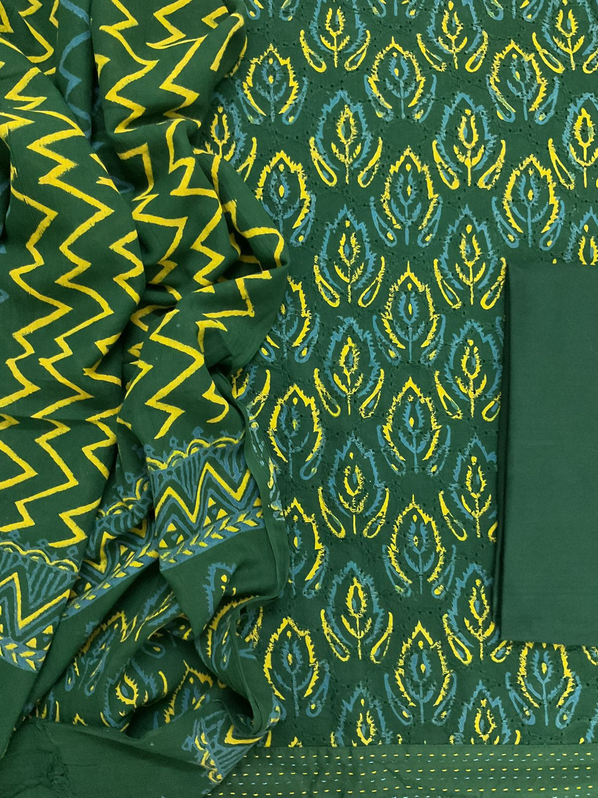 Pure Hakoba Cotton Printed Embroidered Suit - Green