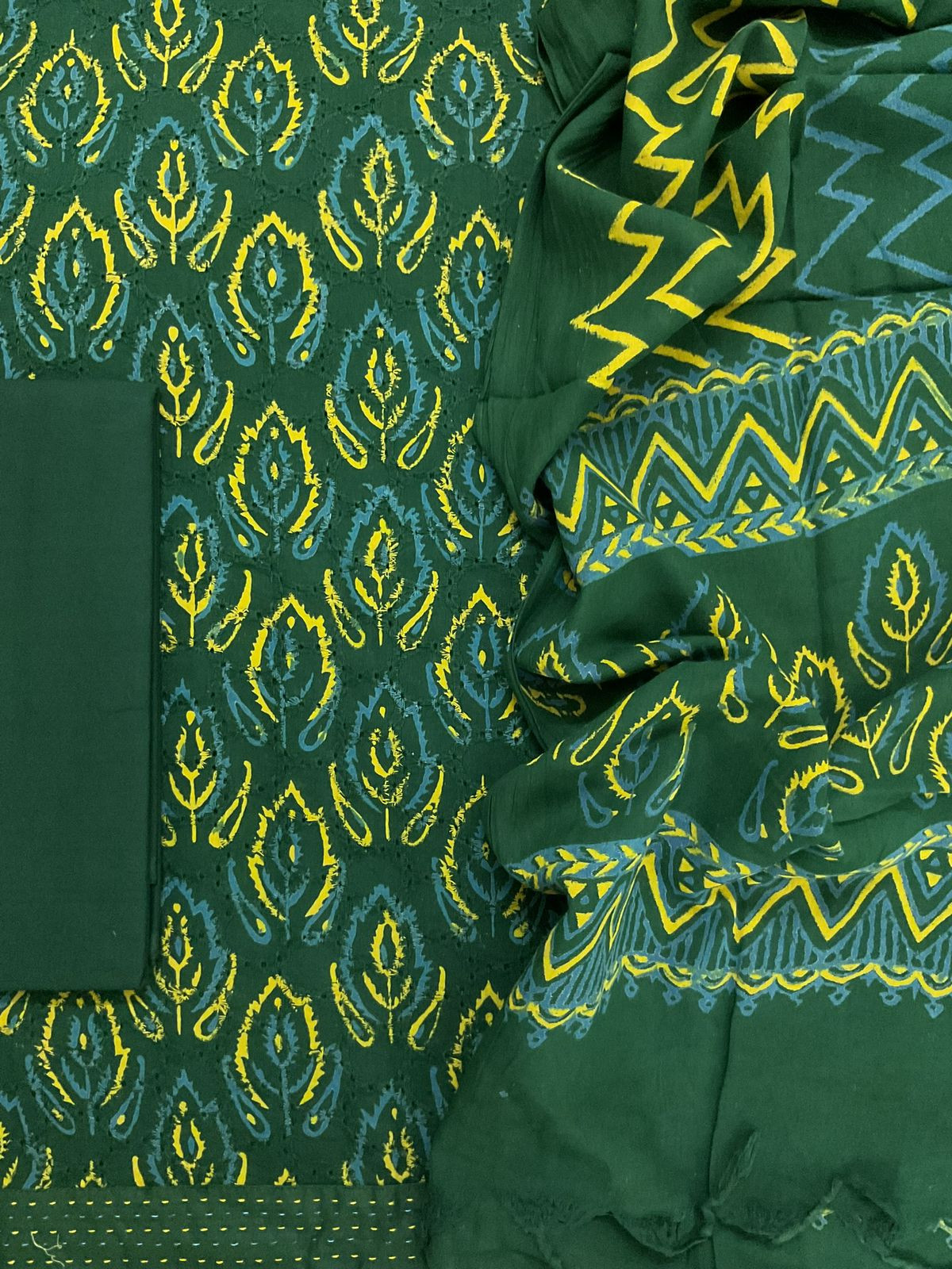 Pure Hakoba Cotton Printed Embroidered Suit - Green