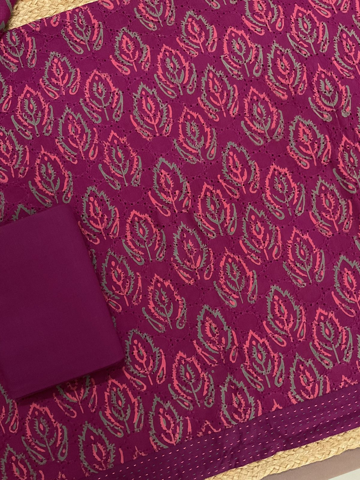 Pure Hakoba Cotton Printed Embroidered Suit - Magenta