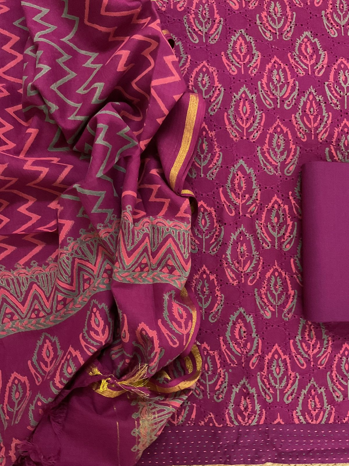 Pure Hakoba Cotton Printed Embroidered Suit - Magenta