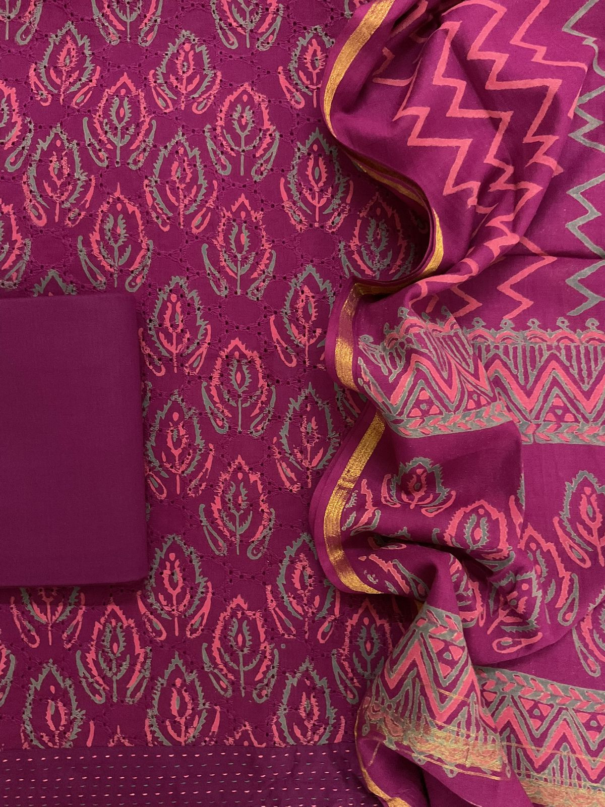 Pure Hakoba Cotton Printed Embroidered Suit - Magenta