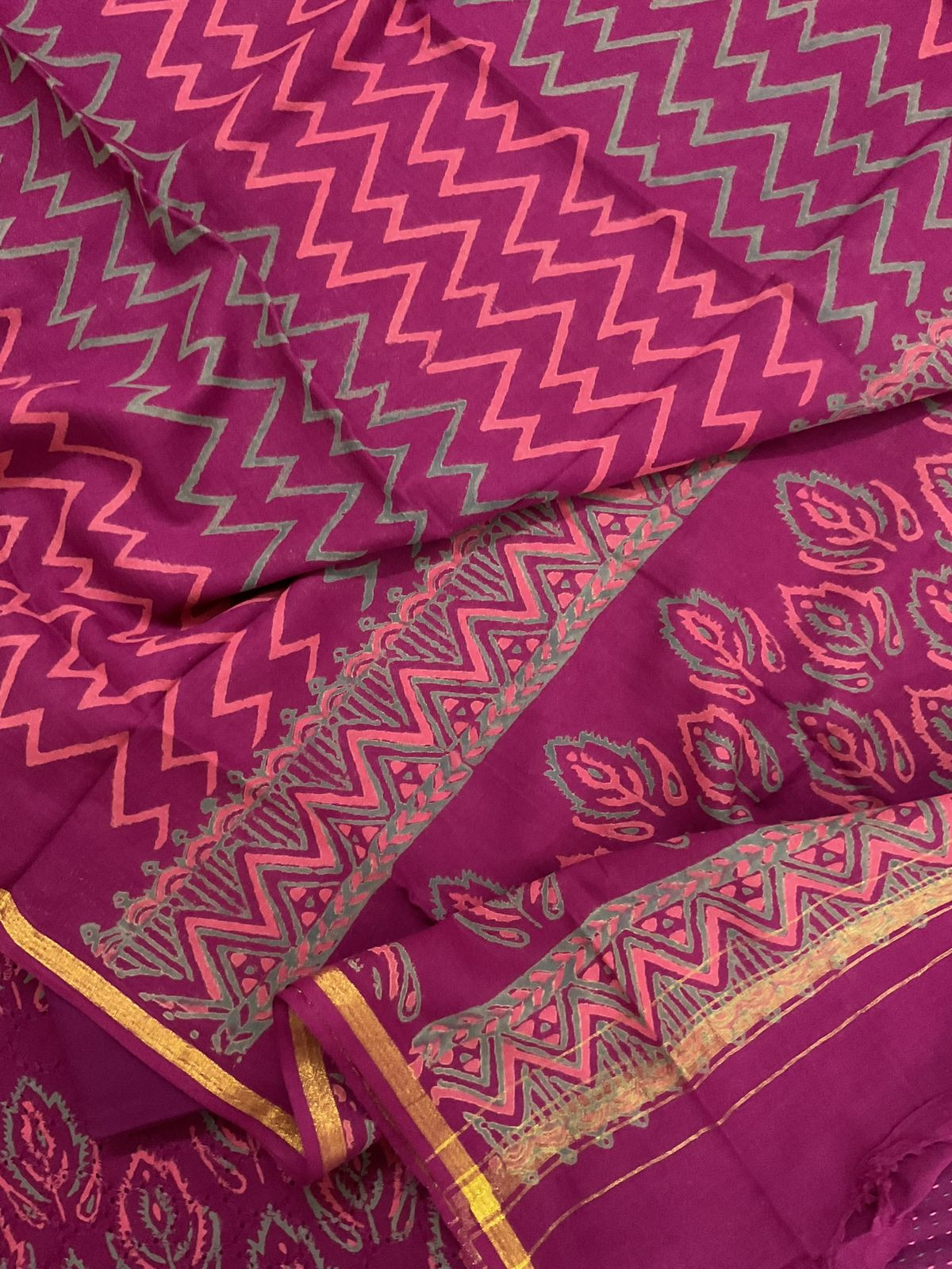 Pure Hakoba Cotton Printed Embroidered Suit - Magenta