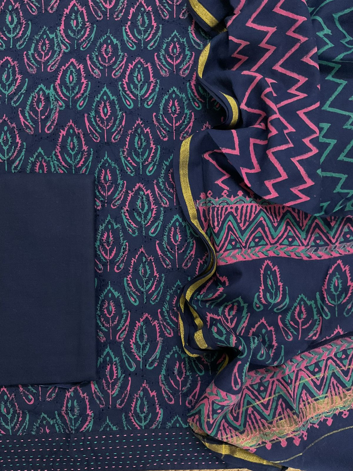 Pure Hakoba Cotton Printed Embroidered Suit - Blue