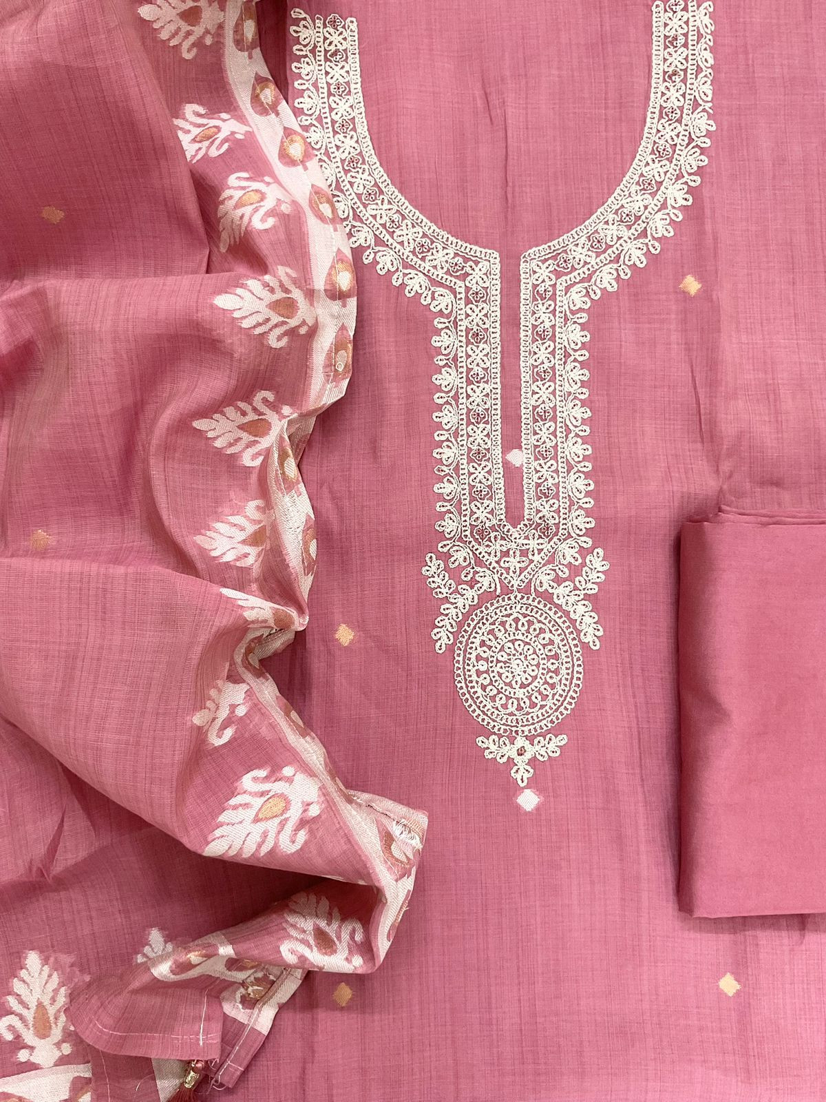 Soft Kora Chanderi Jamdani Weaved Embroidered Suit - Pink