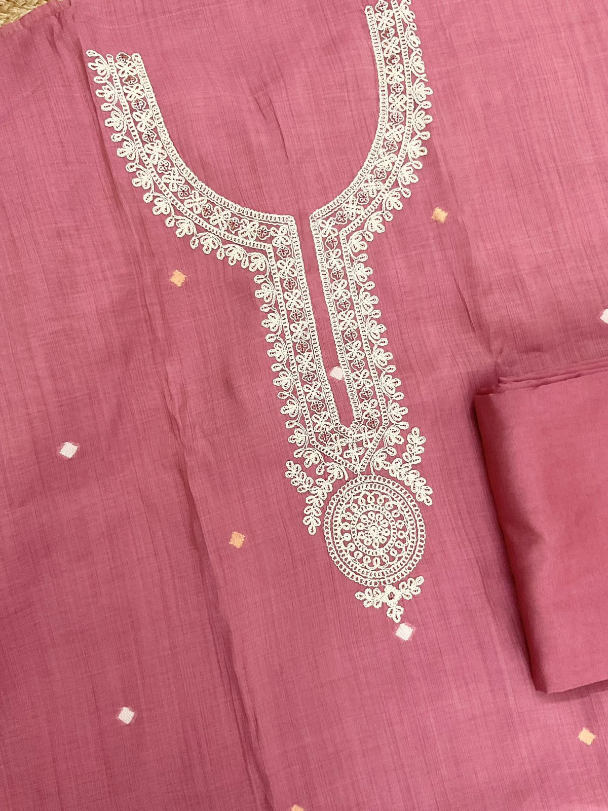 Soft Kora Chanderi Jamdani Weaved Embroidered Suit - Pink