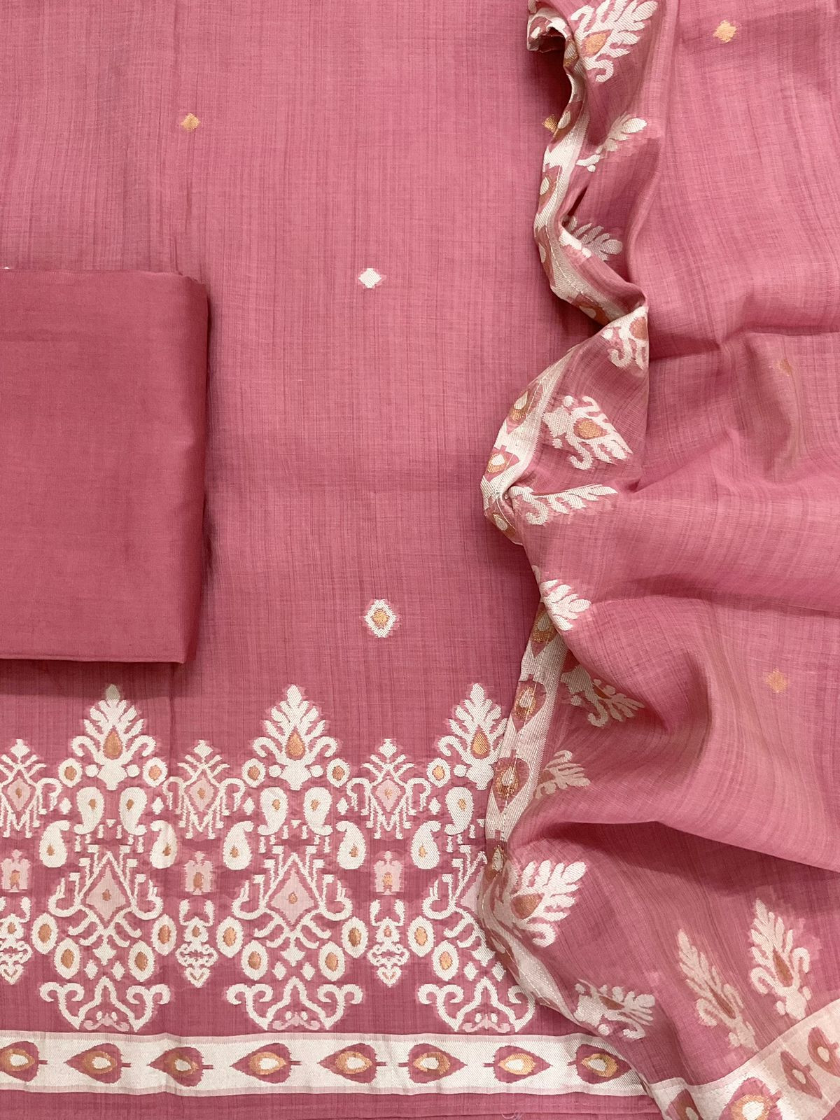 Soft Kora Chanderi Jamdani Weaved Embroidered Suit - Pink
