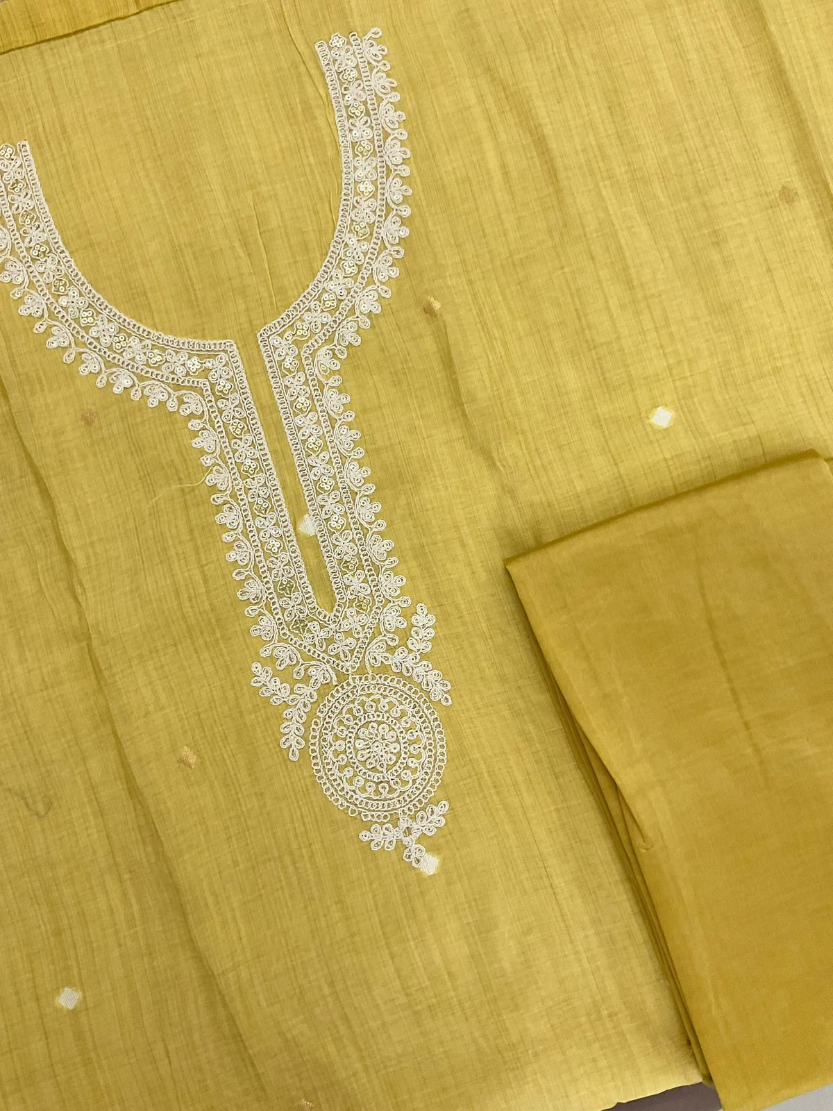 Soft Kora Chanderi Jamdani Weaved Embroidered Suit - Yellow