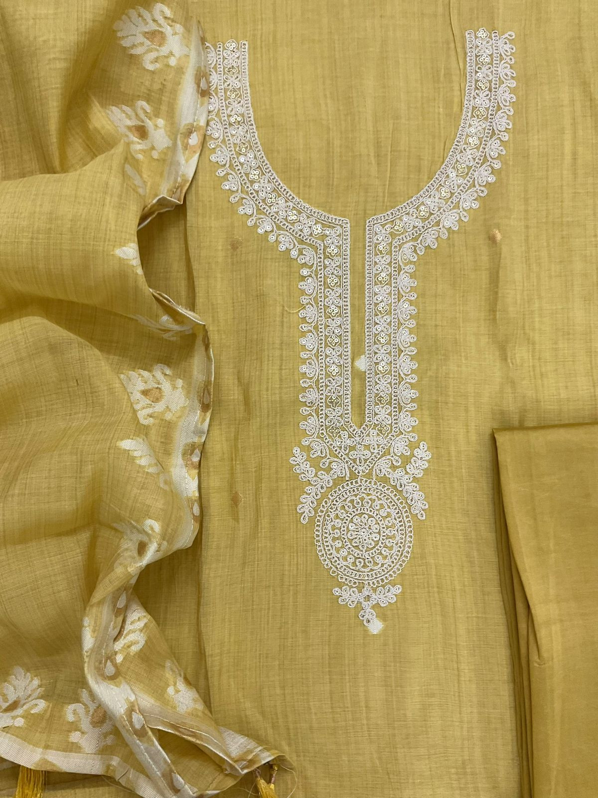 Soft Kora Chanderi Jamdani Weaved Embroidered Suit - Yellow