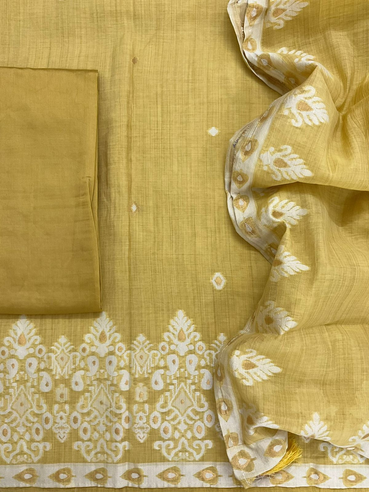 Soft Kora Chanderi Jamdani Weaved Embroidered Suit - Yellow