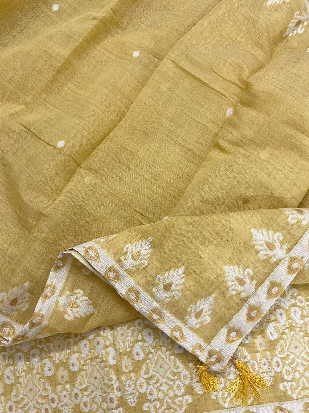 Soft Kora Chanderi Jamdani Weaved Embroidered Suit - Yellow