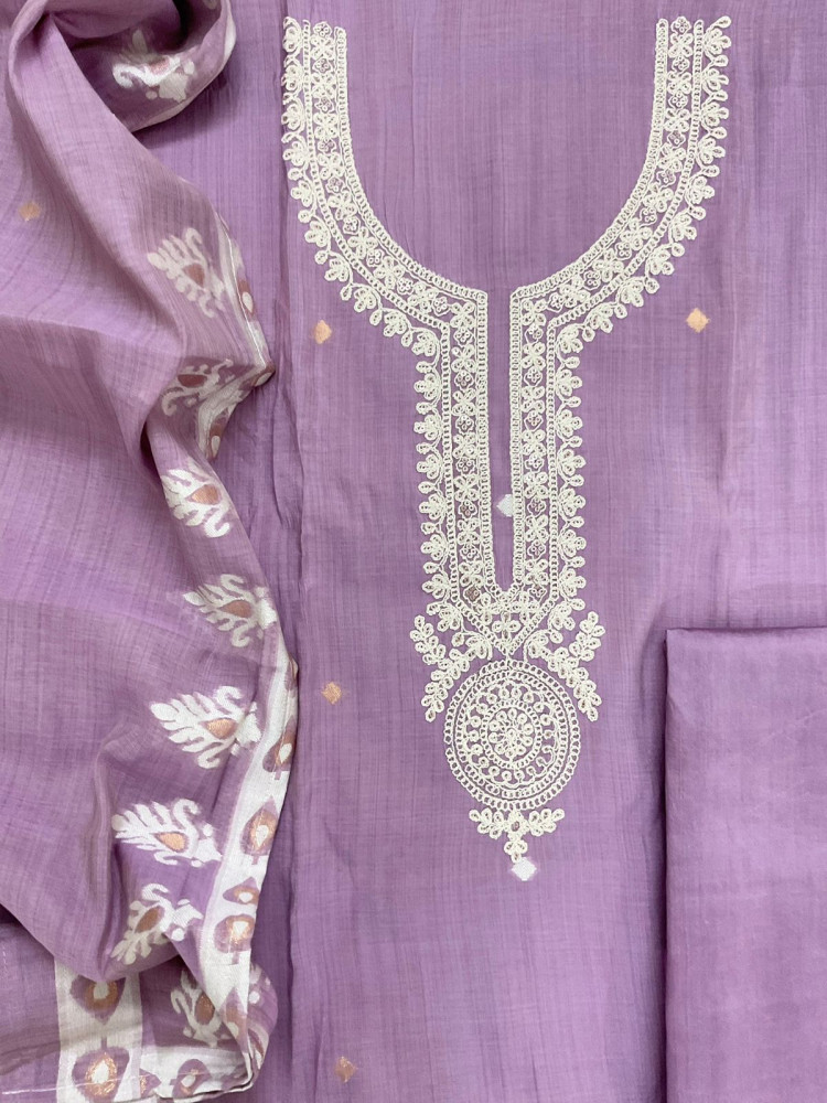 Image of Soft Kora Chanderi Jamdani Weaved Embroidered Suit - Lavender