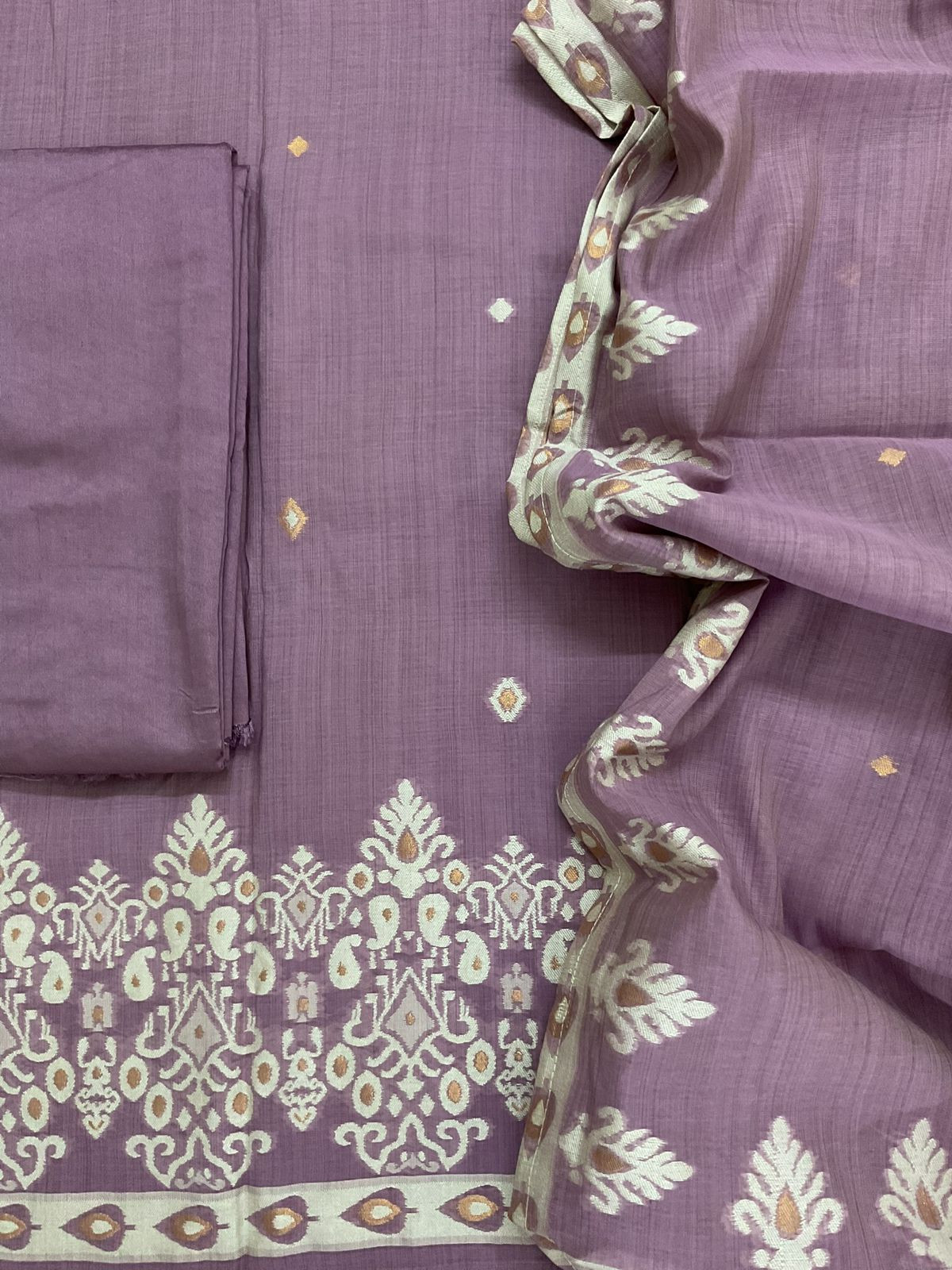 Soft Kora Chanderi Jamdani Weaved Embroidered Suit - Lavender