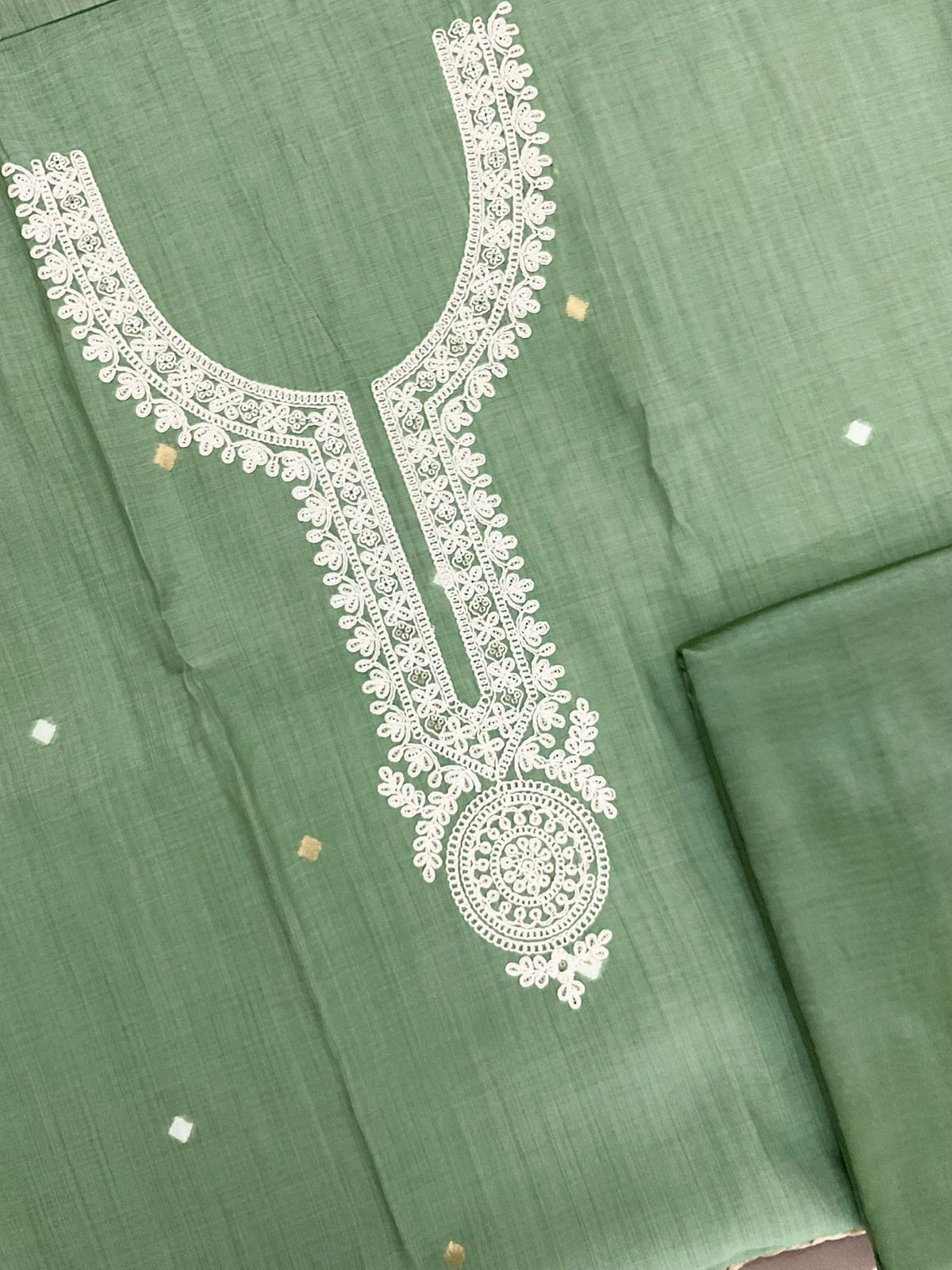 Soft Kora Chanderi Jamdani Weaved Embroidered Suit - Green