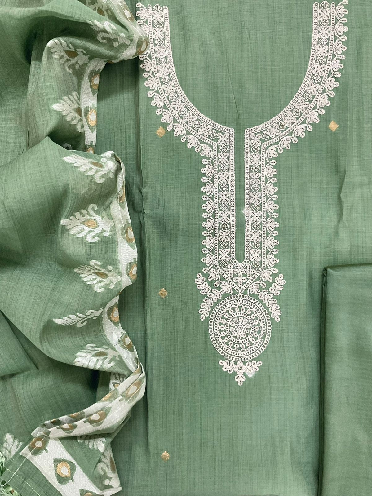 Soft Kora Chanderi Jamdani Weaved Embroidered Suit - Green