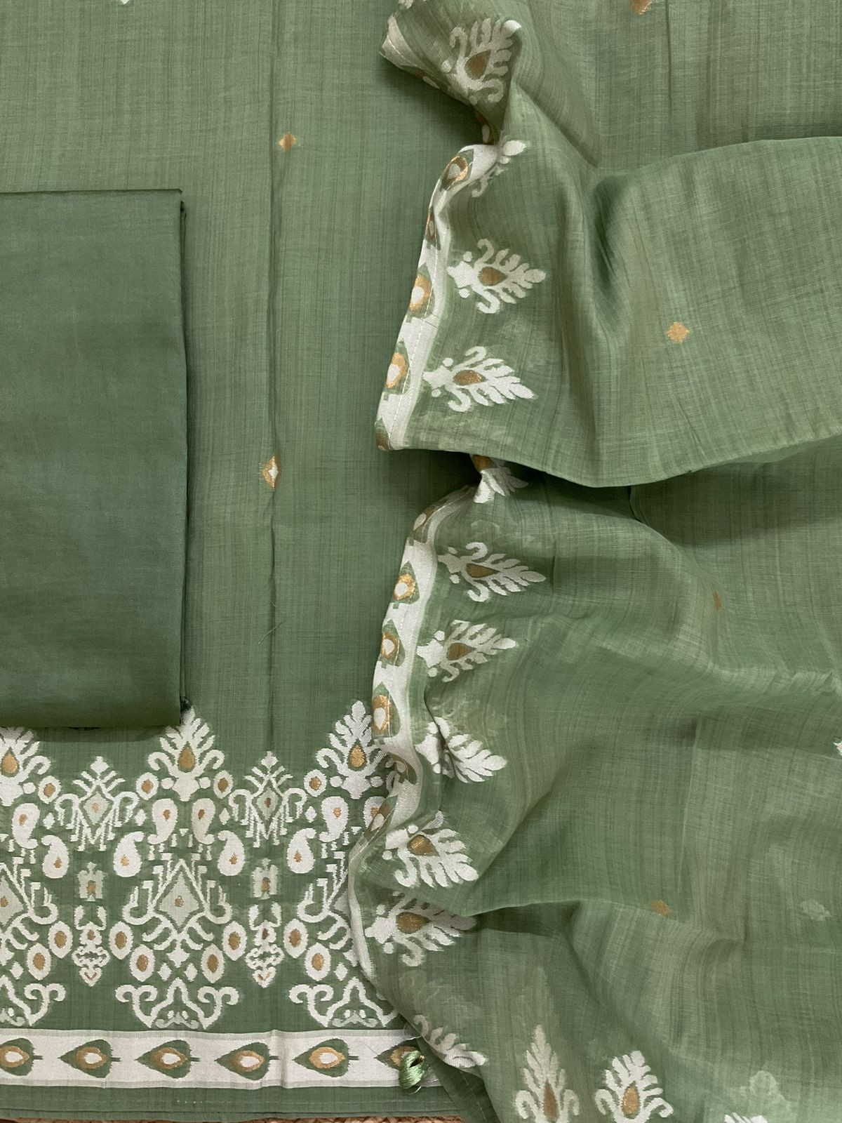 Soft Kora Chanderi Jamdani Weaved Embroidered Suit - Green