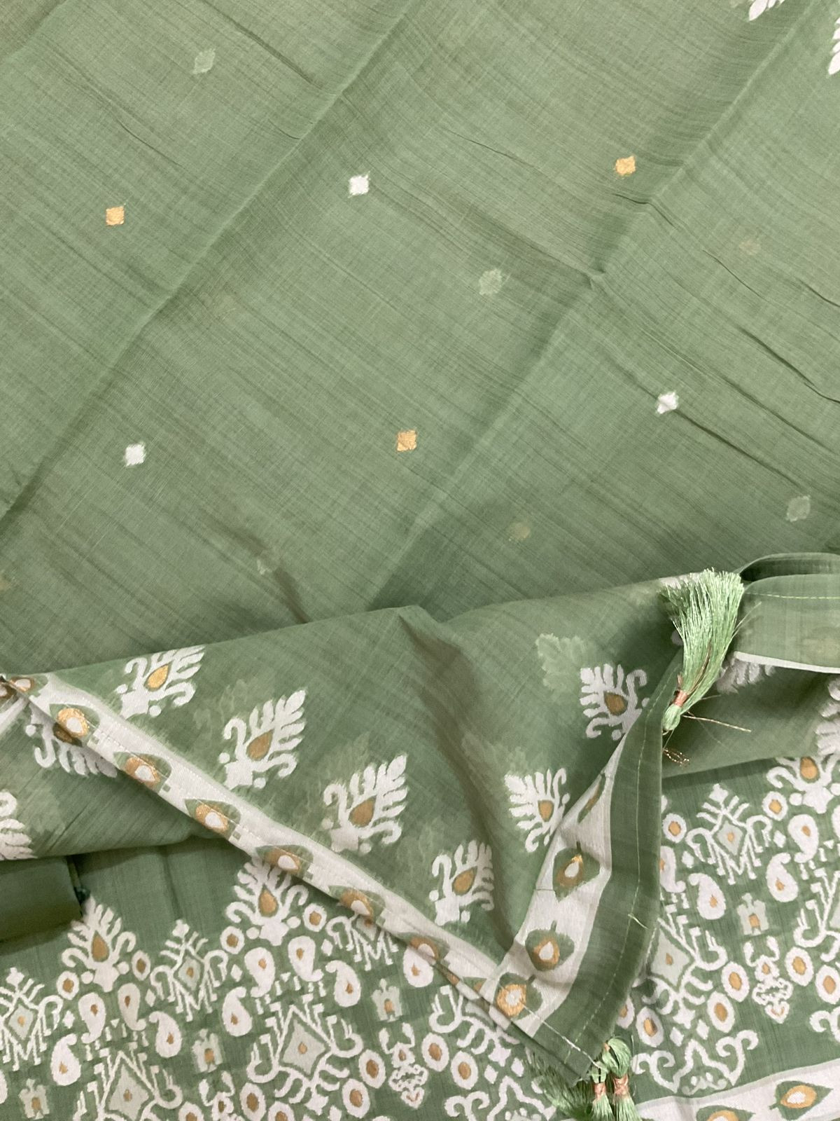Soft Kora Chanderi Jamdani Weaved Embroidered Suit - Green