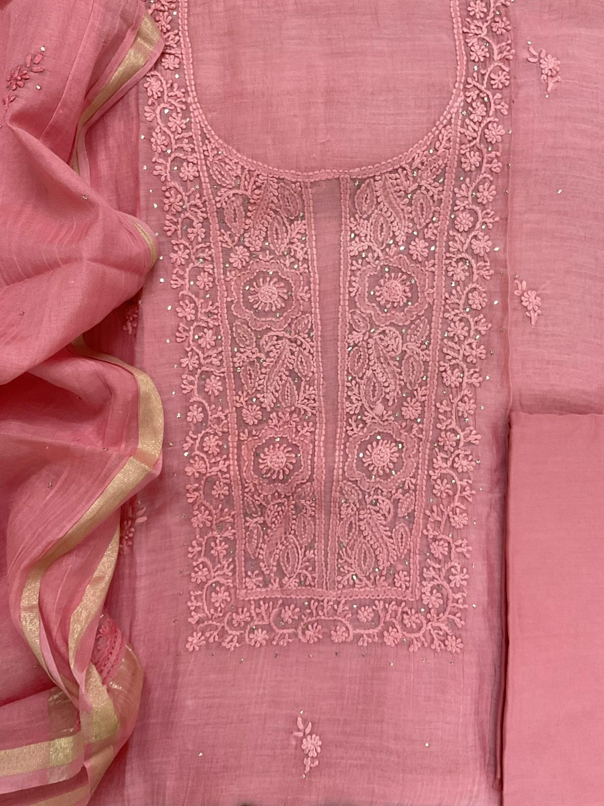 Pure Chanderi Embroidered Suit - Pink