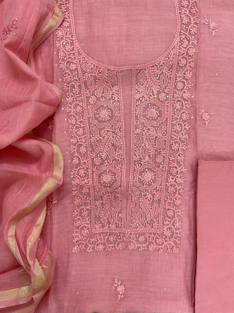 Image of Pure Chanderi Embroidered Suit - Pink