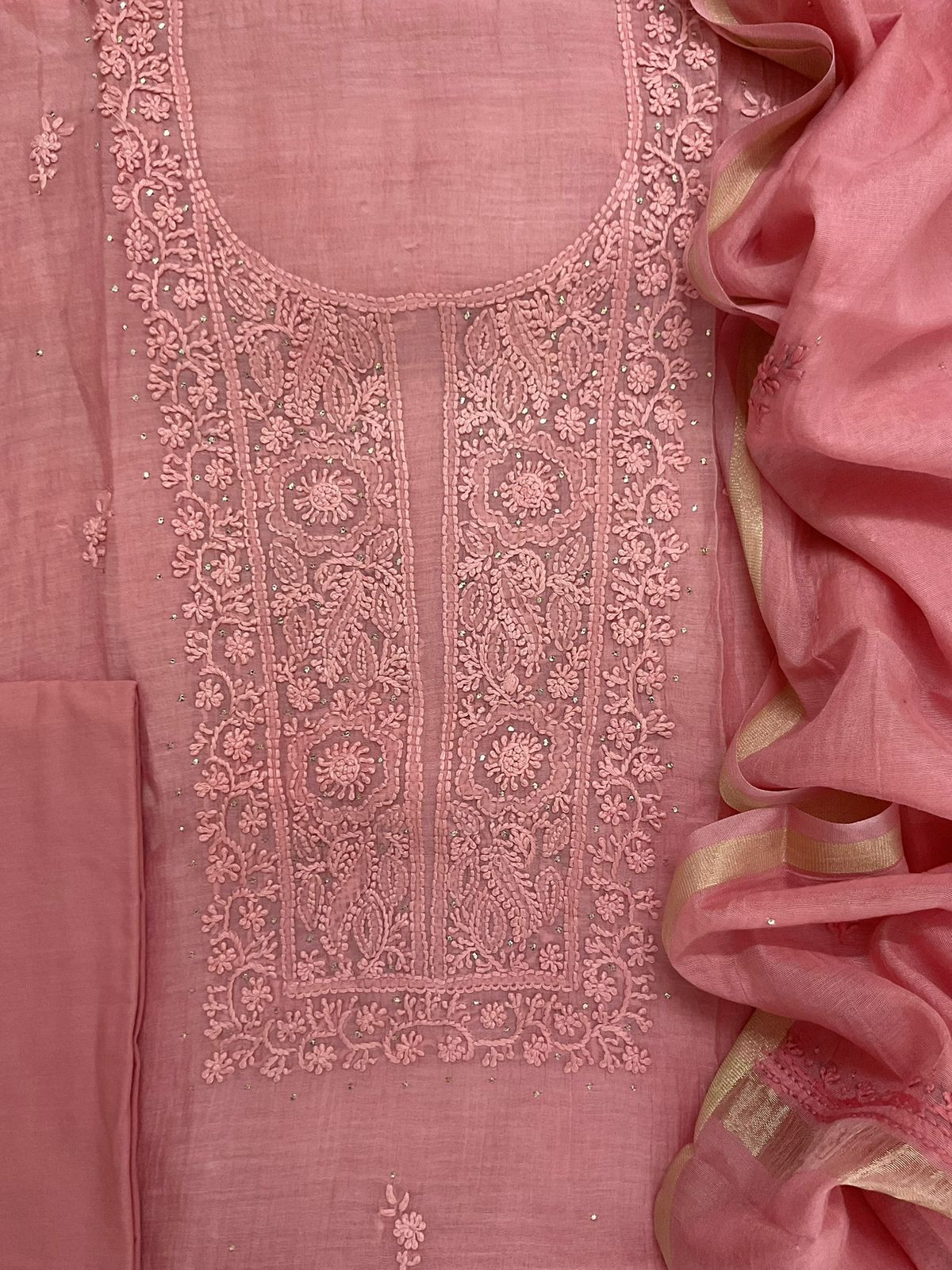 Pure Chanderi Embroidered Suit - Pink