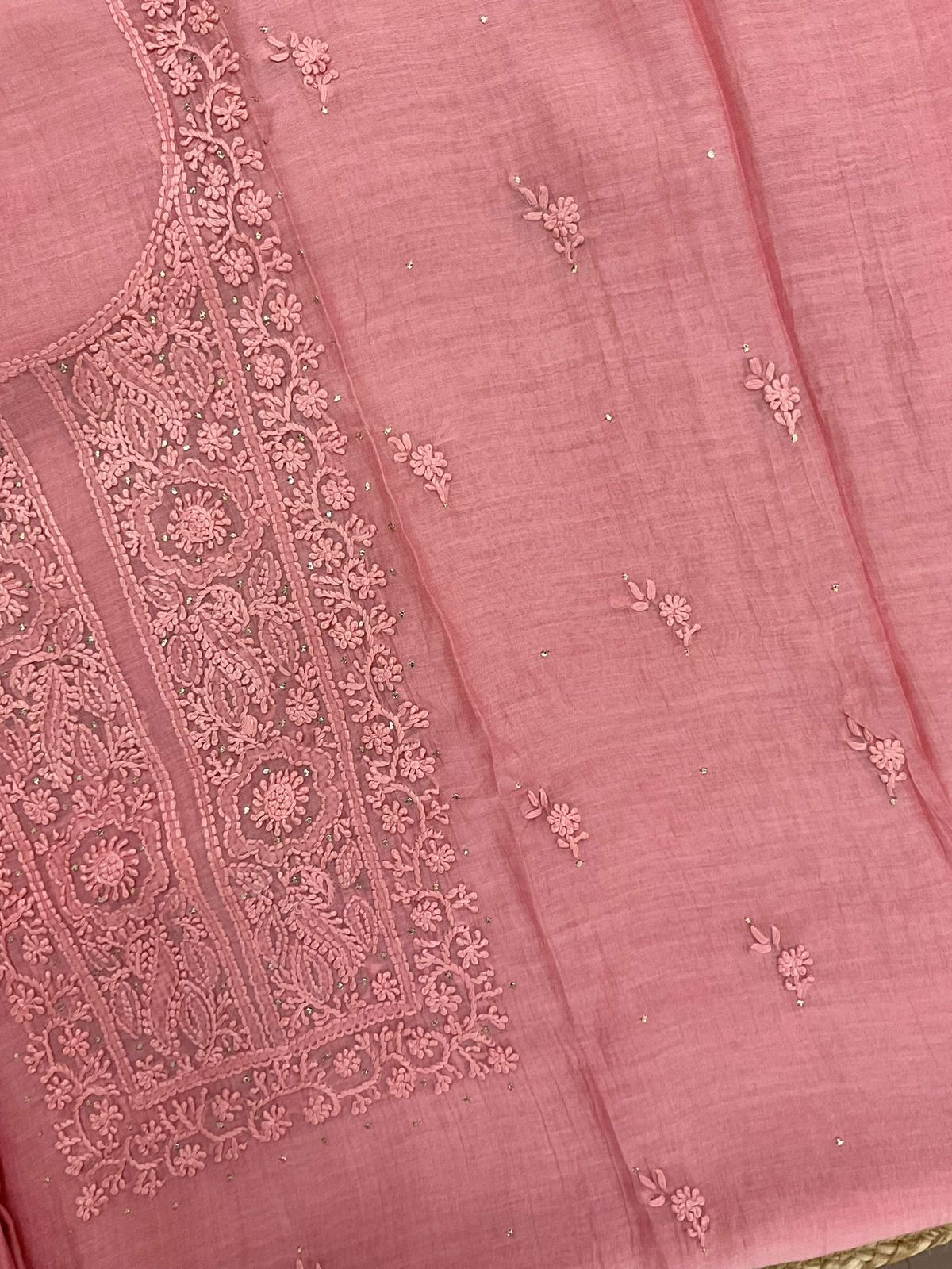 Pure Chanderi Embroidered Suit - Pink