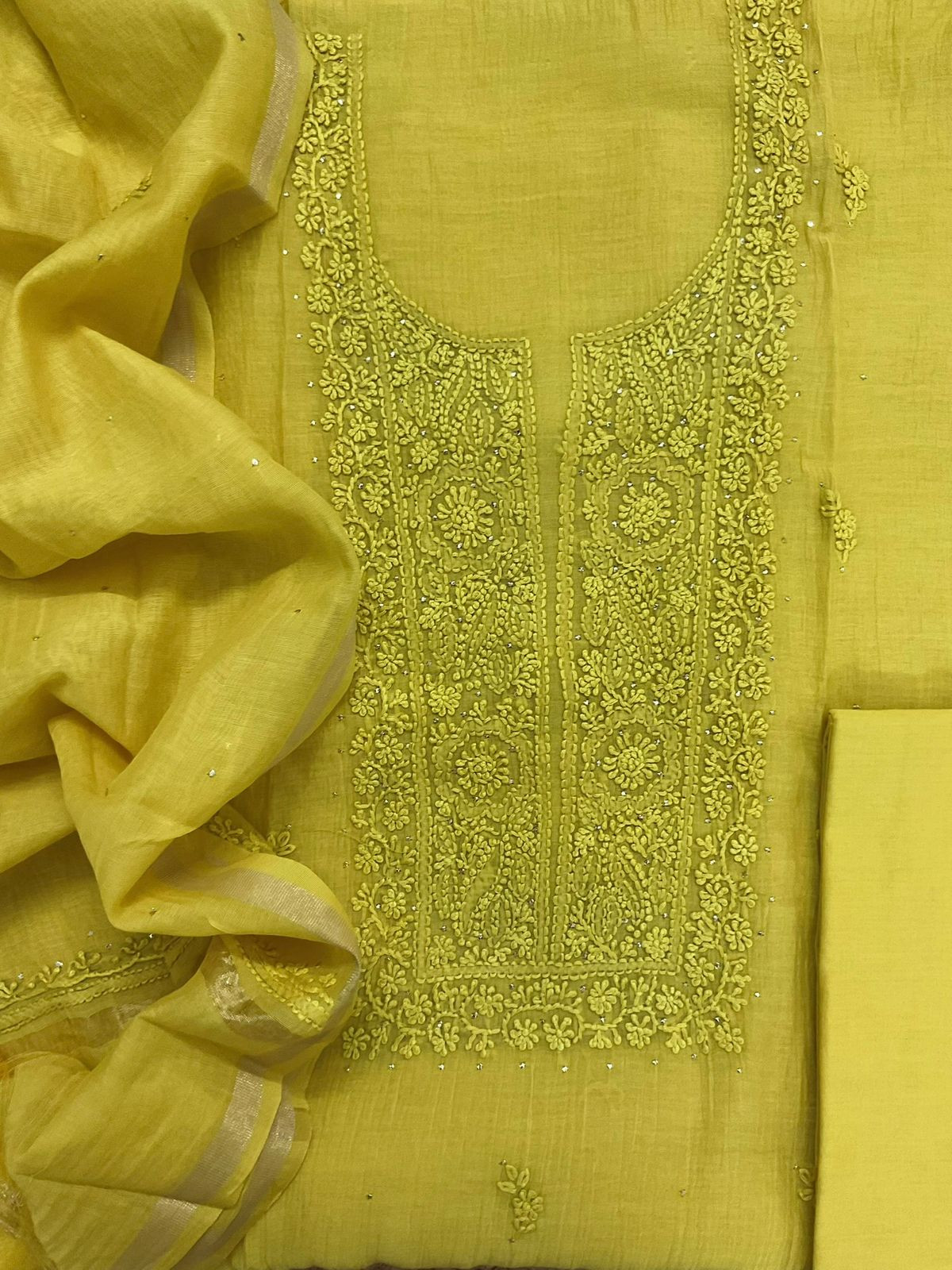 Pure Chanderi Embroidered Suit - Yellow