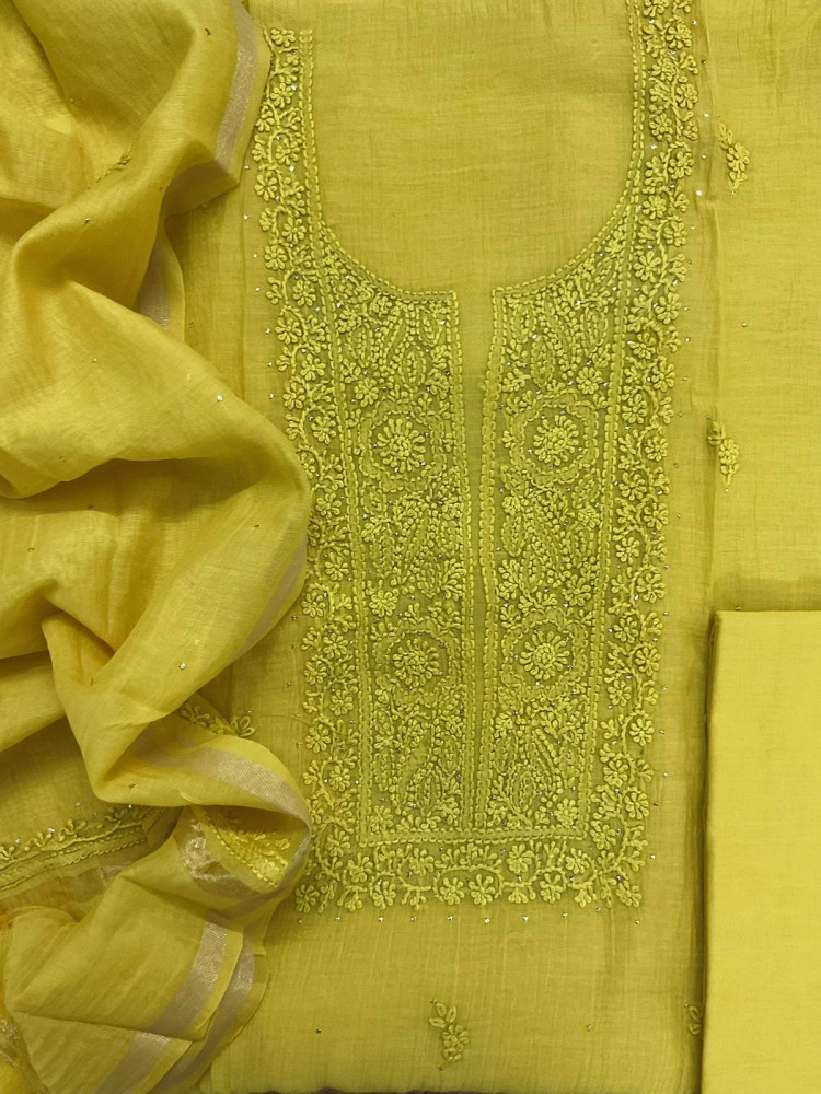 Image of Pure Chanderi Embroidered Suit - Yellow