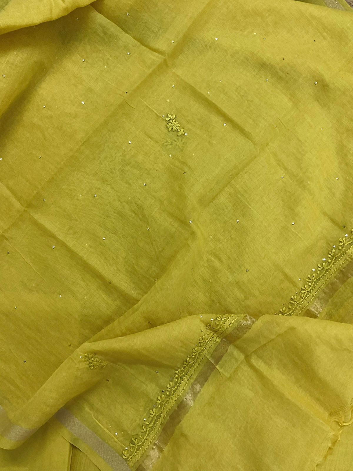 Pure Chanderi Embroidered Suit - Yellow