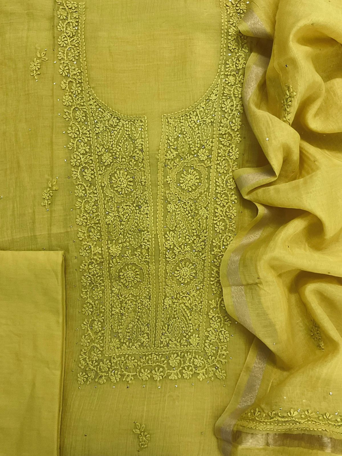 Pure Chanderi Embroidered Suit - Yellow