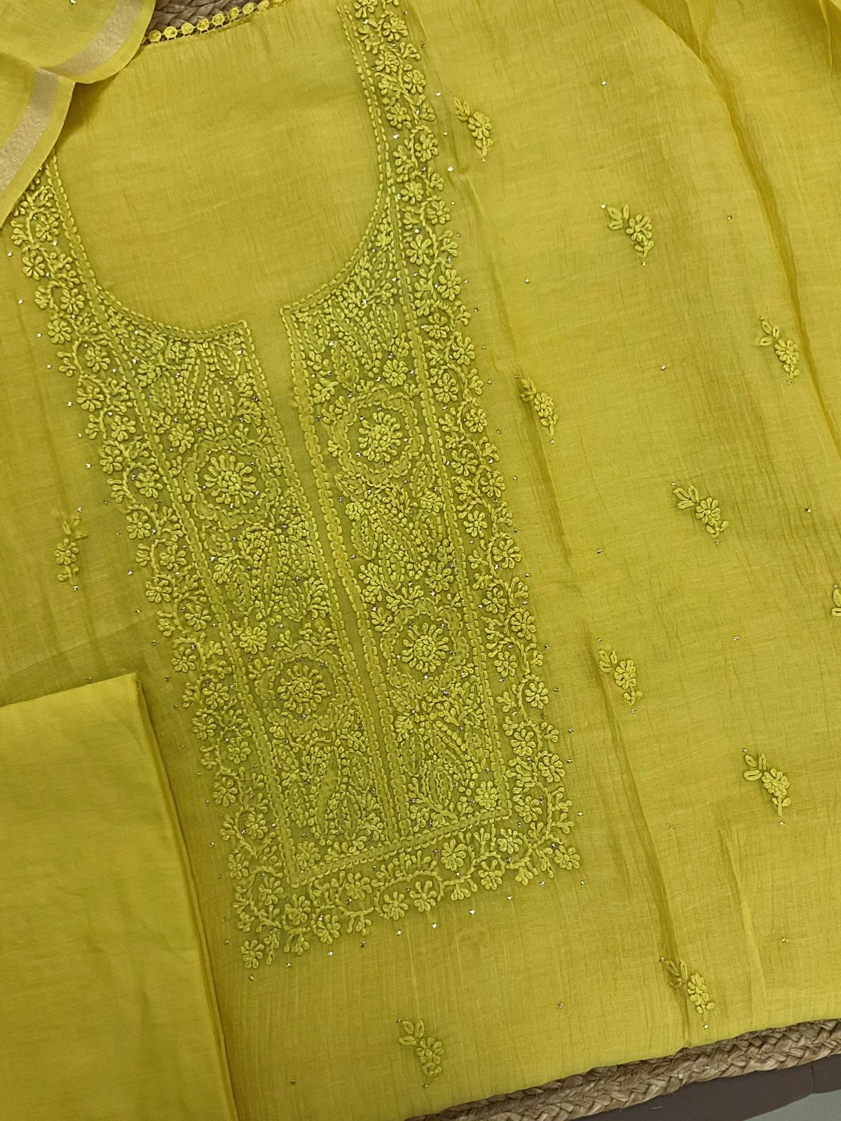 Pure Chanderi Embroidered Suit - Yellow