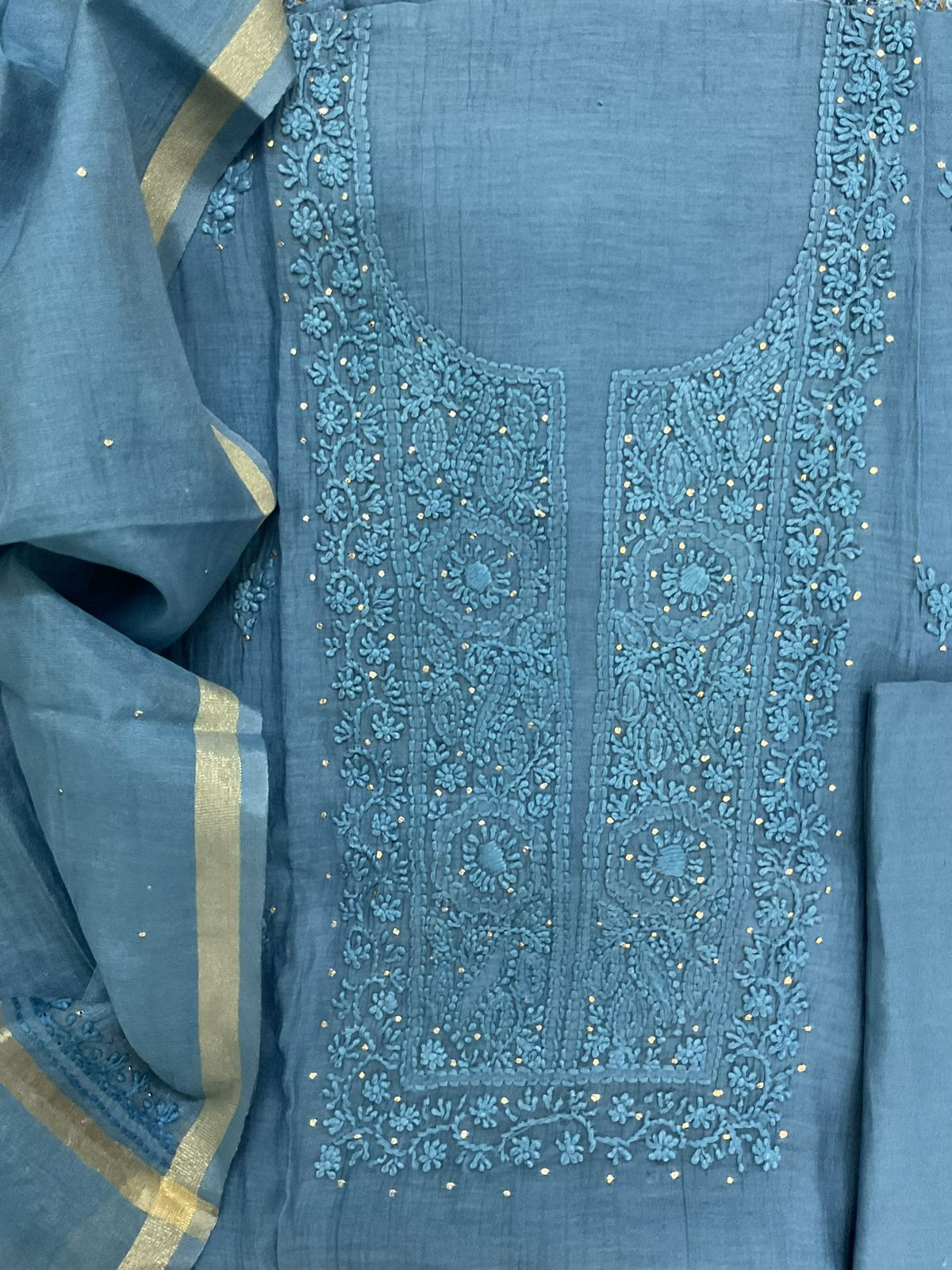 Pure Chanderi Embroidered Suit - Blue