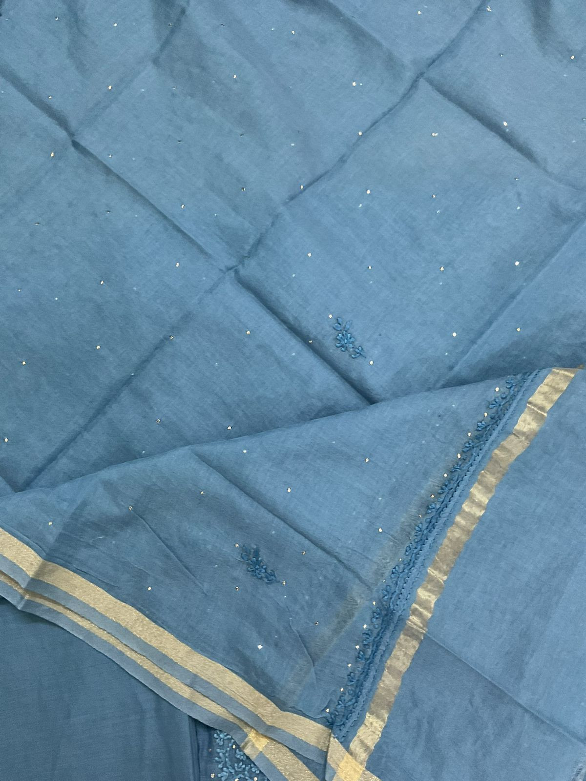 Pure Chanderi Embroidered Suit - Blue