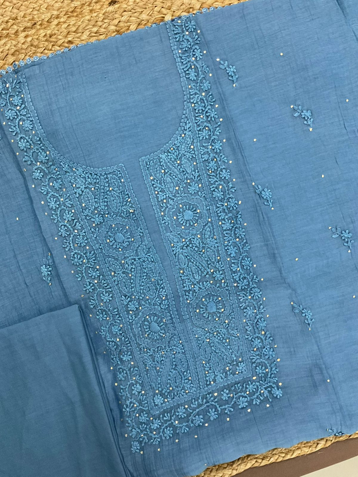 Pure Chanderi Embroidered Suit - Blue