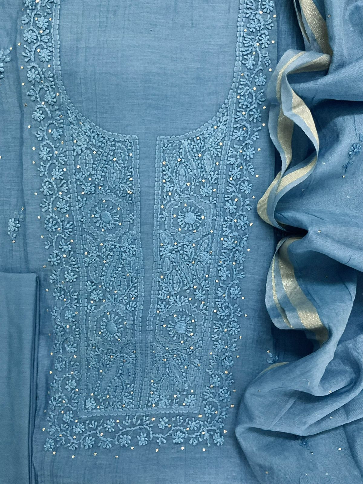 Pure Chanderi Embroidered Suit - Blue