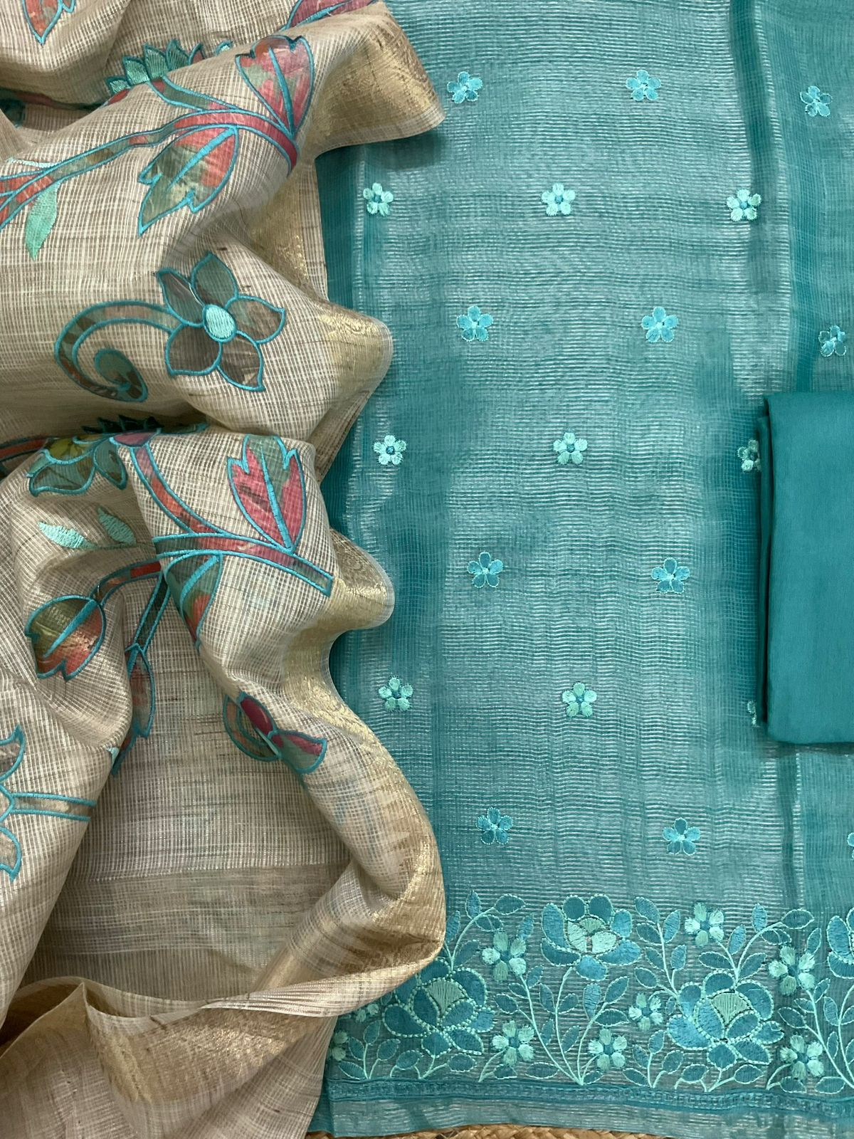 Soft Tissue Kota Silk Embroidered Suit - Blue