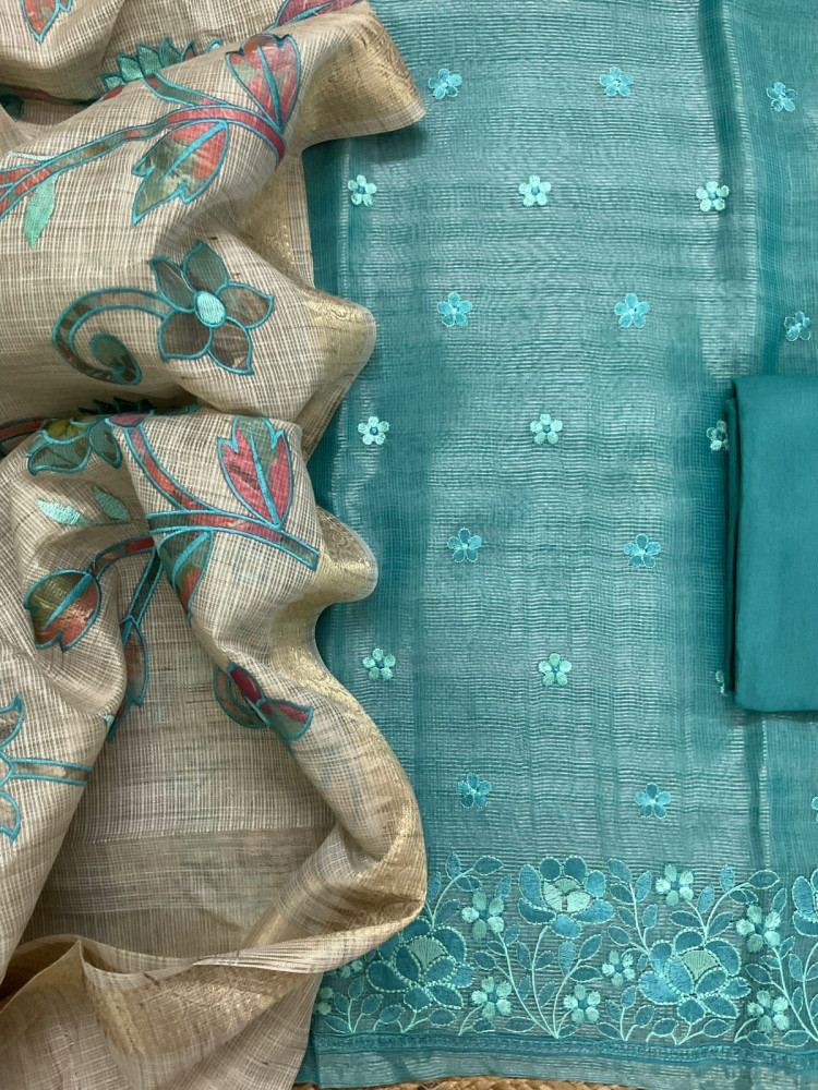 Image of Soft Tissue Kota Silk Embroidered Suit - Blue