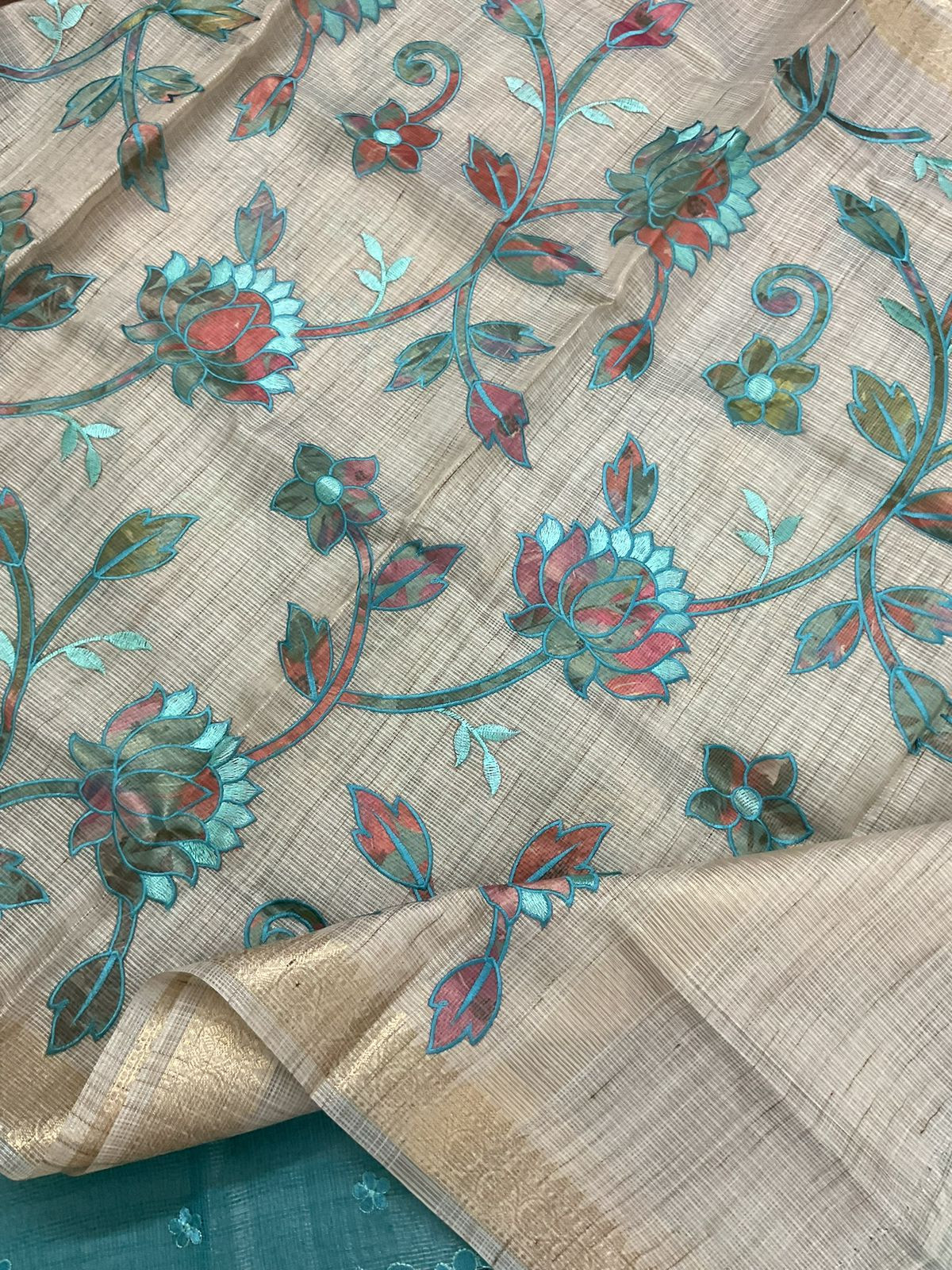 Soft Tissue Kota Silk Embroidered Suit - Blue