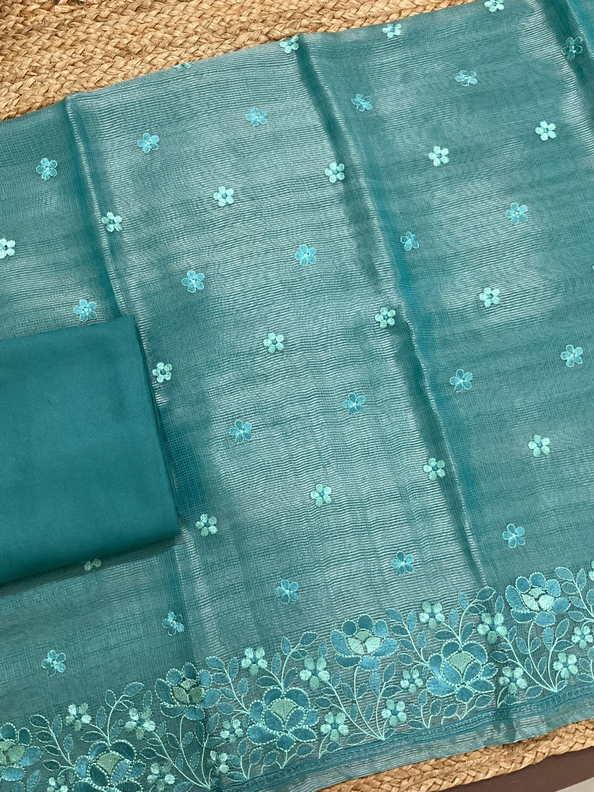 Soft Tissue Kota Silk Embroidered Suit - Blue