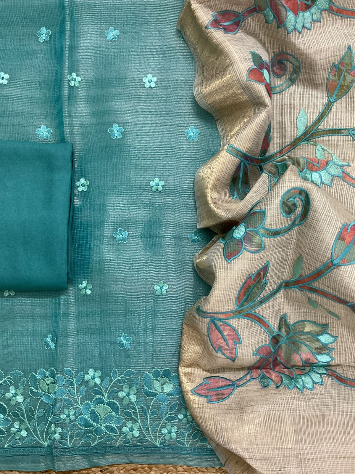 Soft Tissue Kota Silk Embroidered Suit - Blue