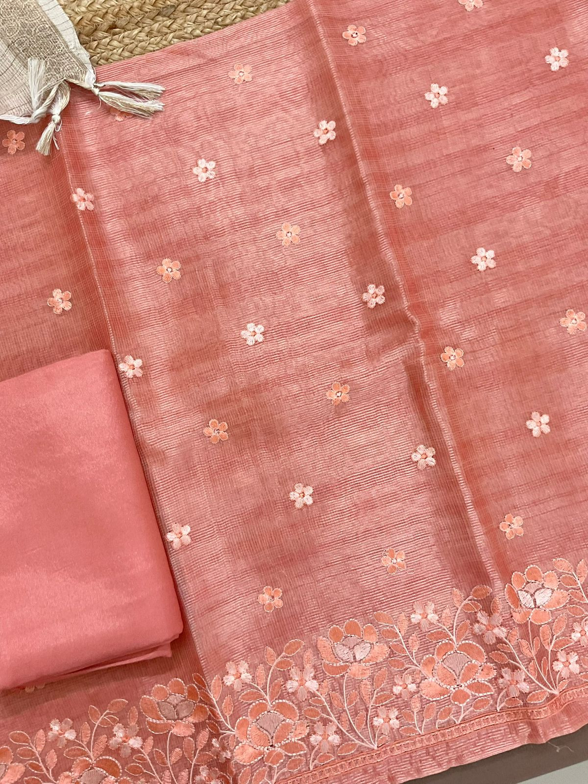 Soft Tissue Kota Silk Embroidered Suit - Peach