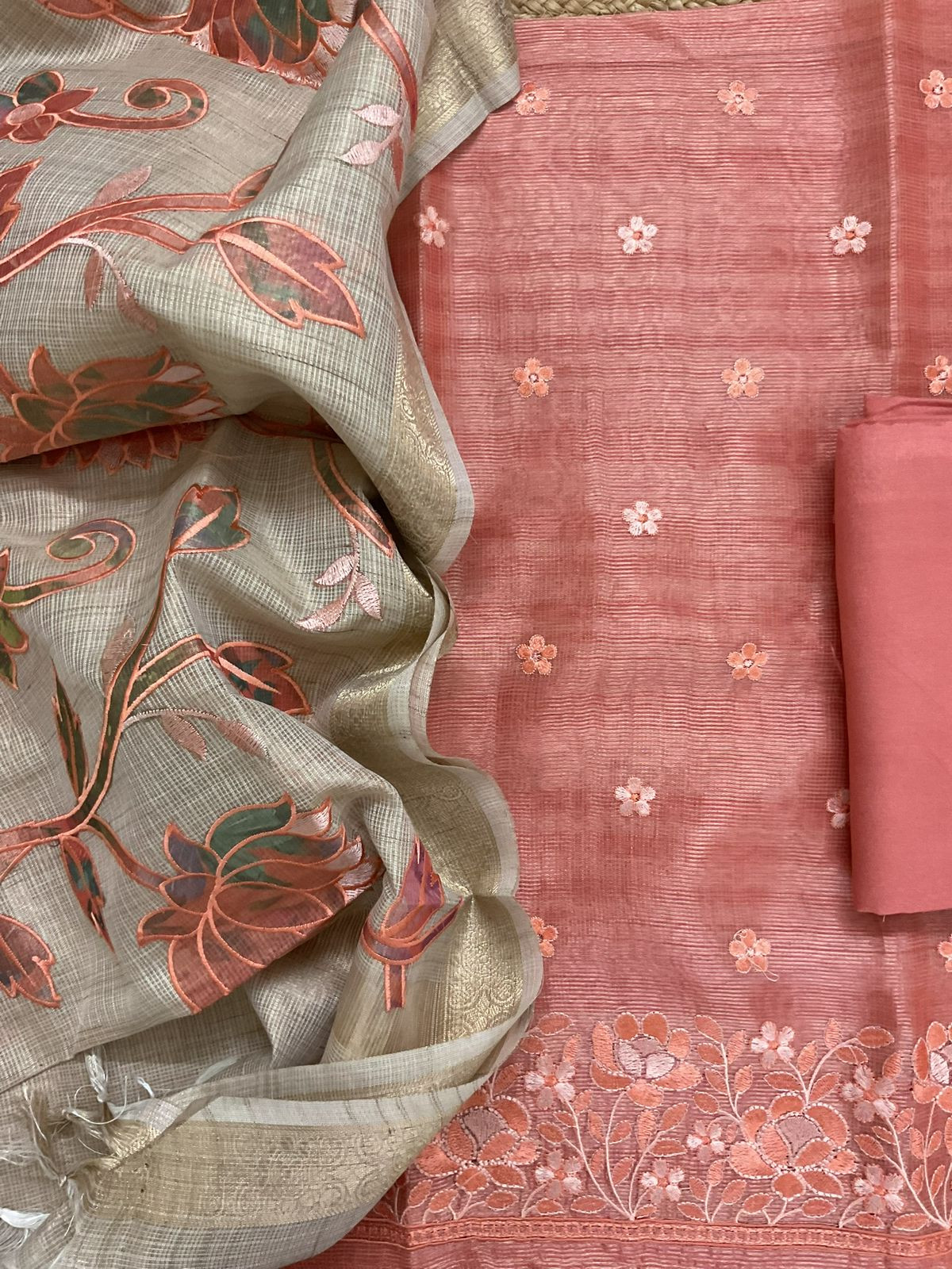 Soft Tissue Kota Silk Embroidered Suit - Peach