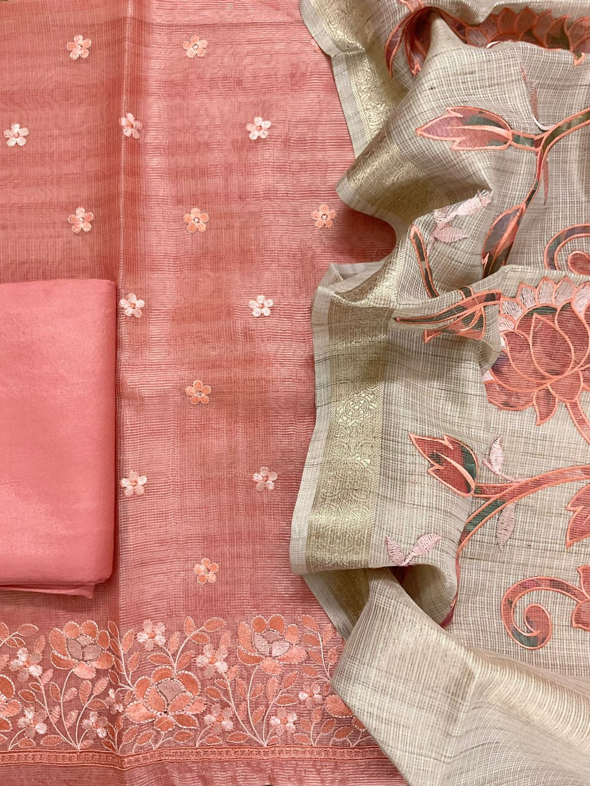 Soft Tissue Kota Silk Embroidered Suit - Peach