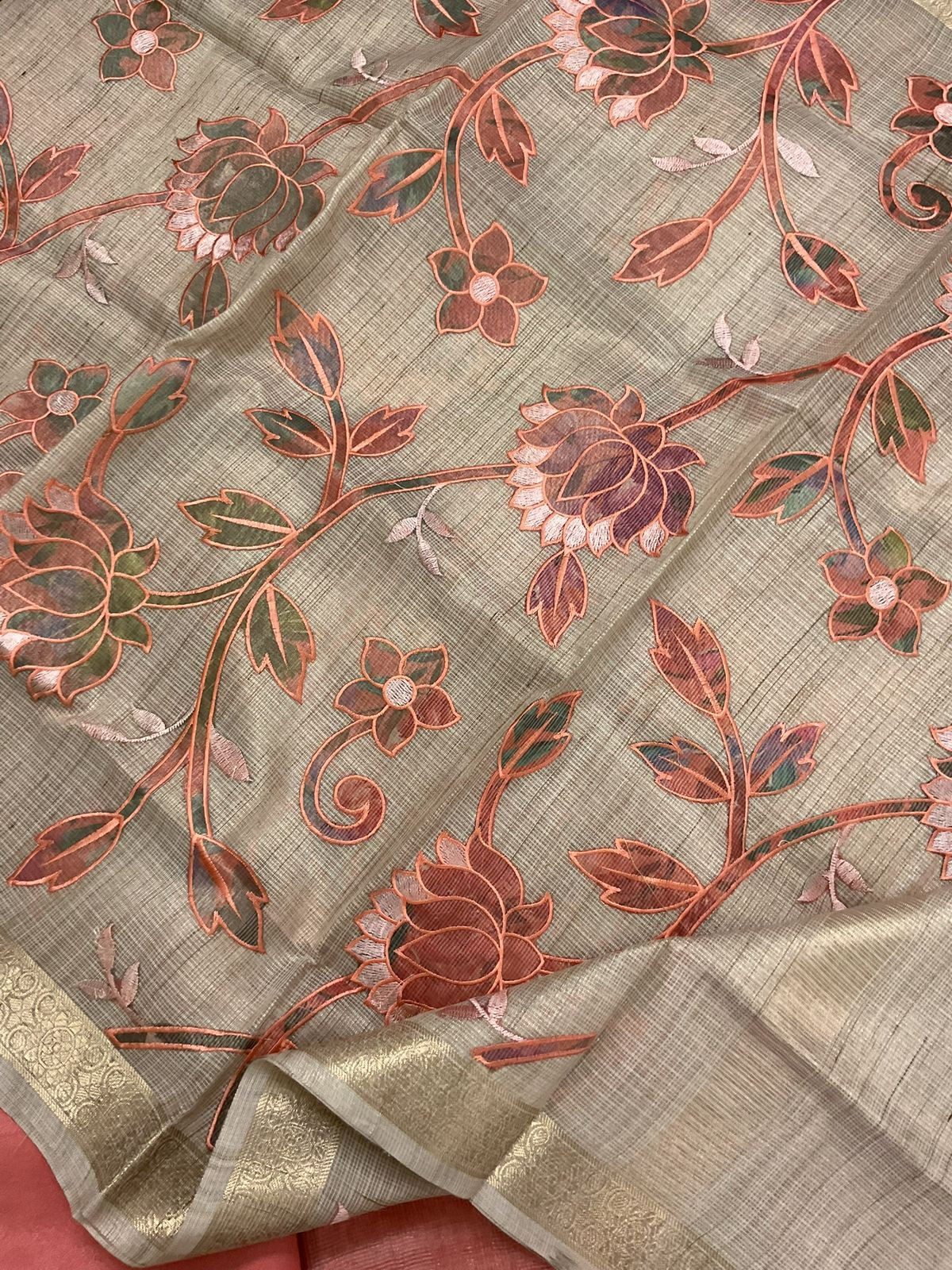 Soft Tissue Kota Silk Embroidered Suit - Peach