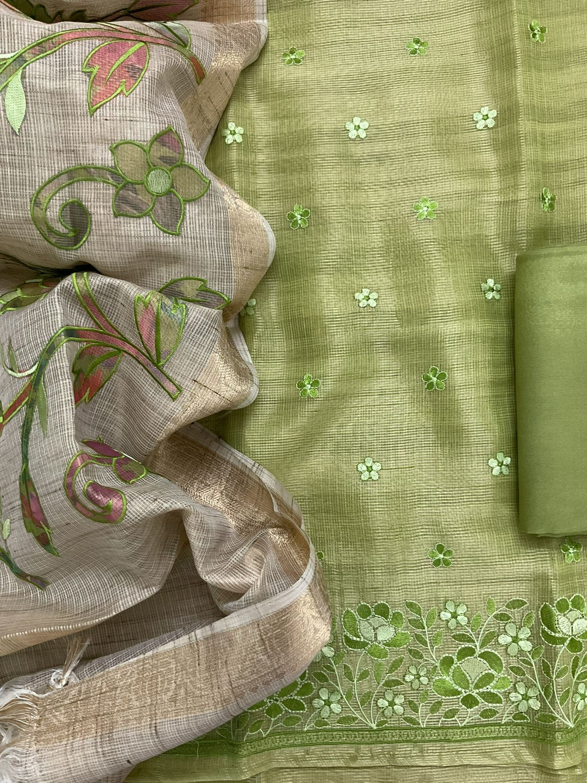 Soft Tissue Kota Silk Embroidered Suit - Green
