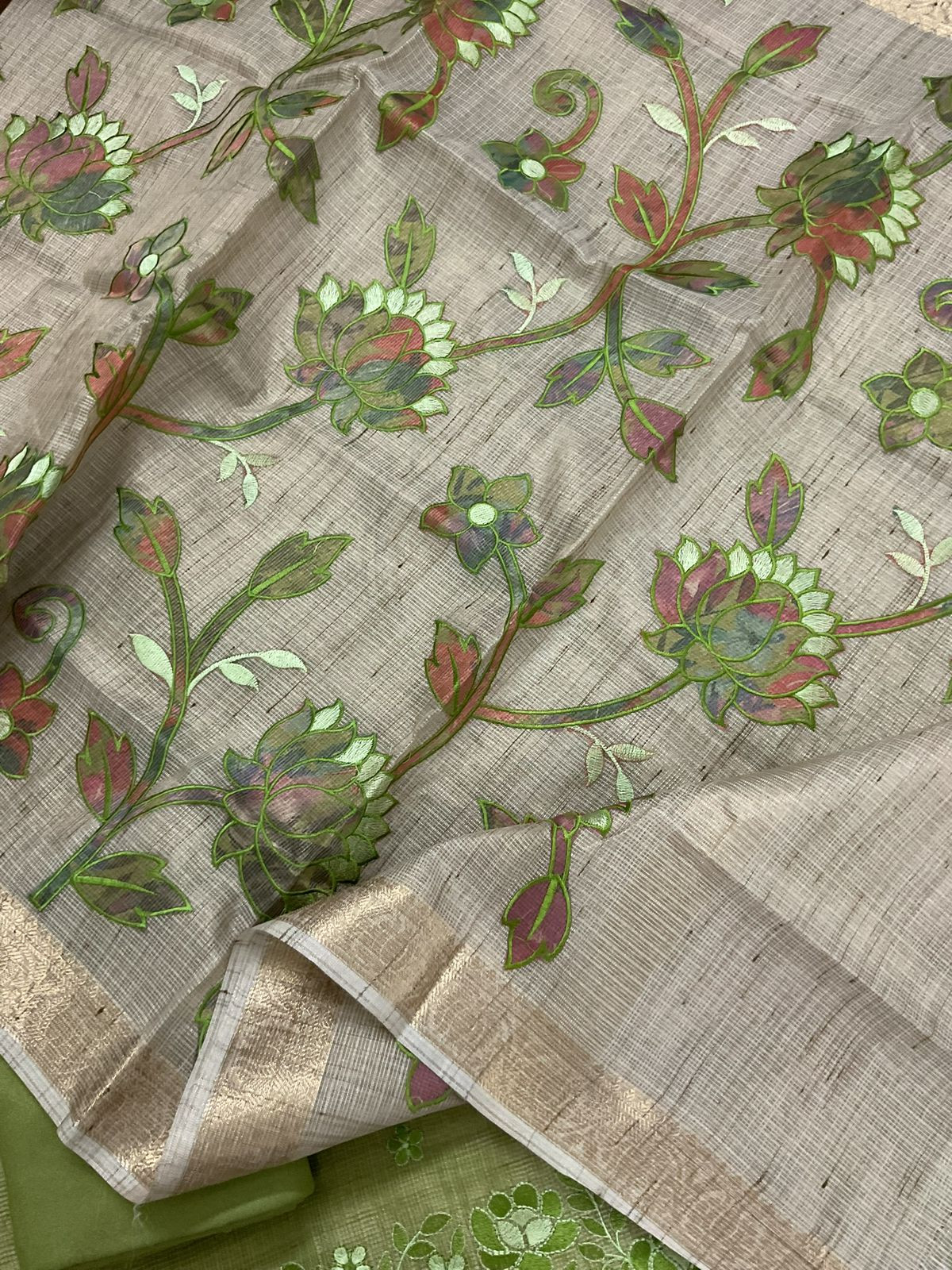 Soft Tissue Kota Silk Embroidered Suit - Green