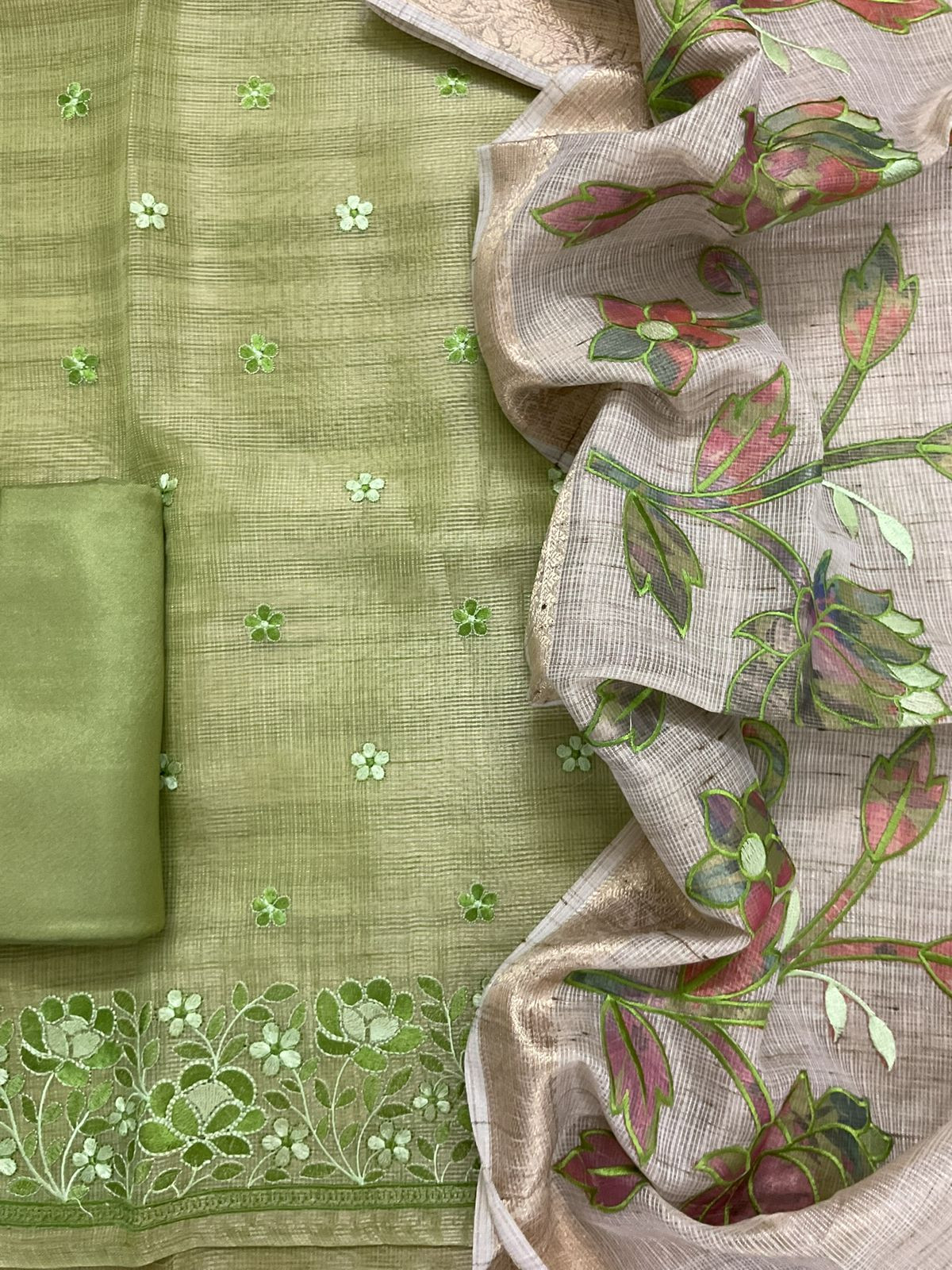 Soft Tissue Kota Silk Embroidered Suit - Green