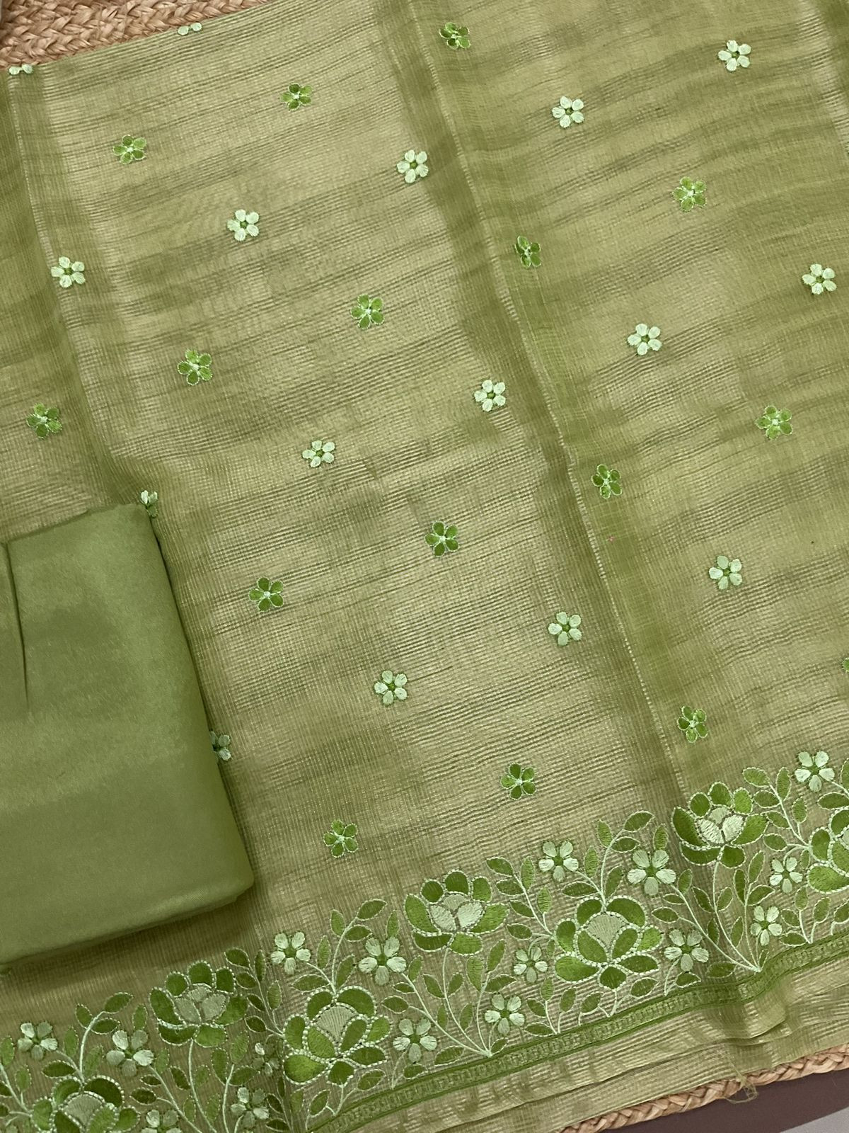 Soft Tissue Kota Silk Embroidered Suit - Green
