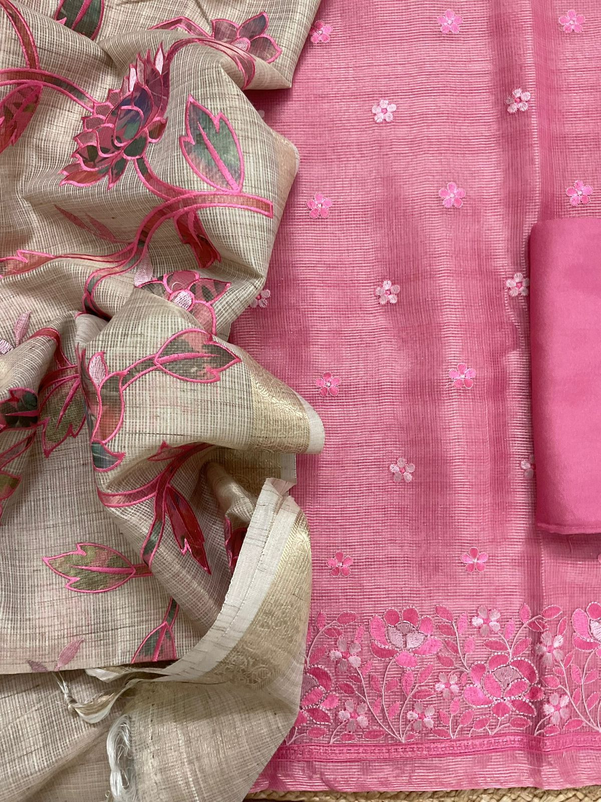 Soft Tissue Kota Silk Embroidered Suit - Pink