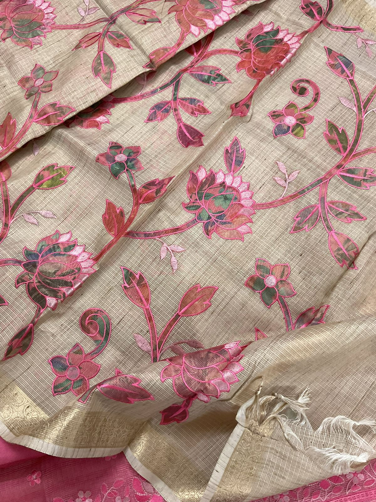 Soft Tissue Kota Silk Embroidered Suit - Pink